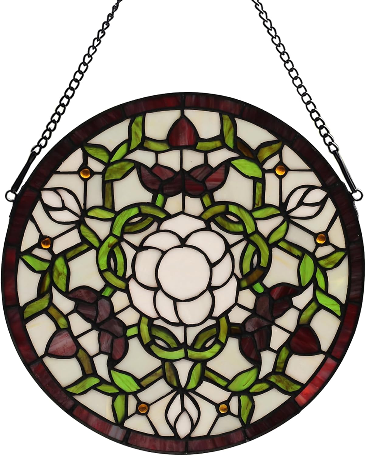 Handcrafted Stained Glass Window Panel - 12-Inch Round Floral Design with Vibrant Colors, Elegant Decorative Hanging Art for Home Décor, Includes 20-Inch Chain & Hook (Green iris)
