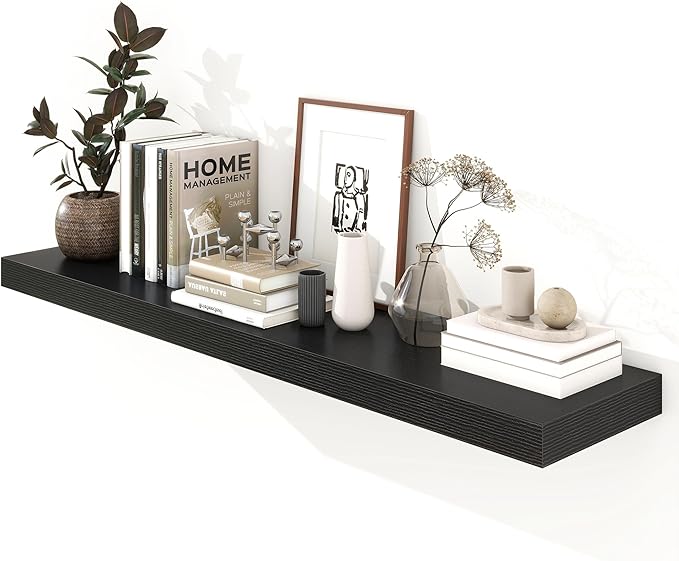 Black Floating Shelves for Wall - 55 Inch Wide x 12 Inch Deep Wall Shelves Set of 1 - Rustic Black Wood Shelves for Living Room, Bathroom, Laundry Room, Bedroom, Kitchen, Home Office