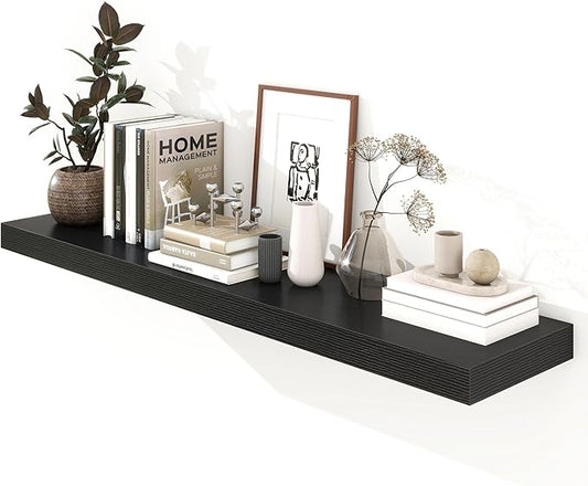Black Floating Shelves for Wall - 55 Inch Wide x 12 Inch Deep Wall Shelves Set of 1 - Rustic Black Wood Shelves for Living Room, Bathroom, Laundry Room, Bedroom, Kitchen, Home Office