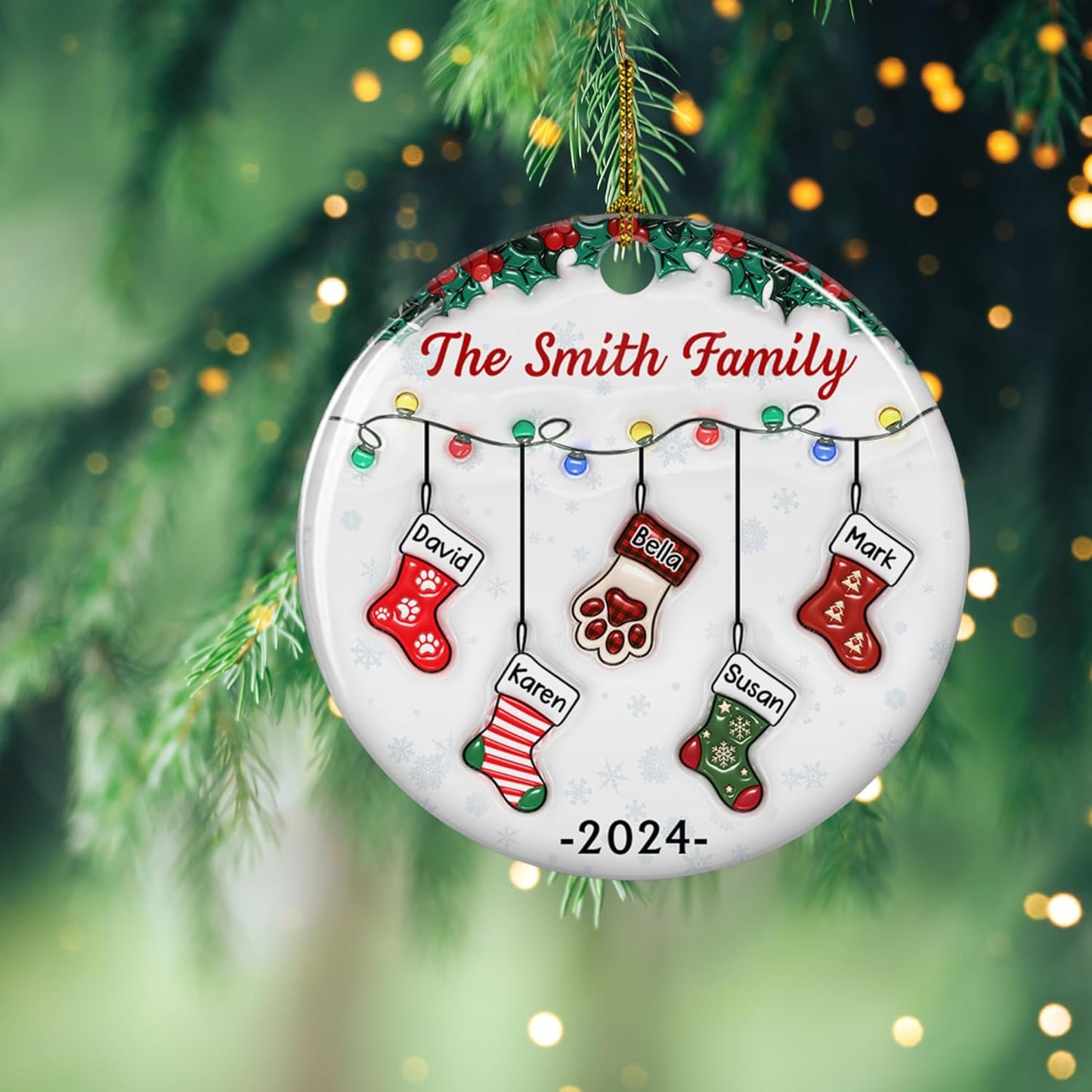 Stocking Personalized Family Christmas Ceramic Ornament 2025-3D Inflated Effect Custom Name Hanging Stock up to 10 Members, First Xmas as A Family Ornament Gifts (A04, 7 Names)