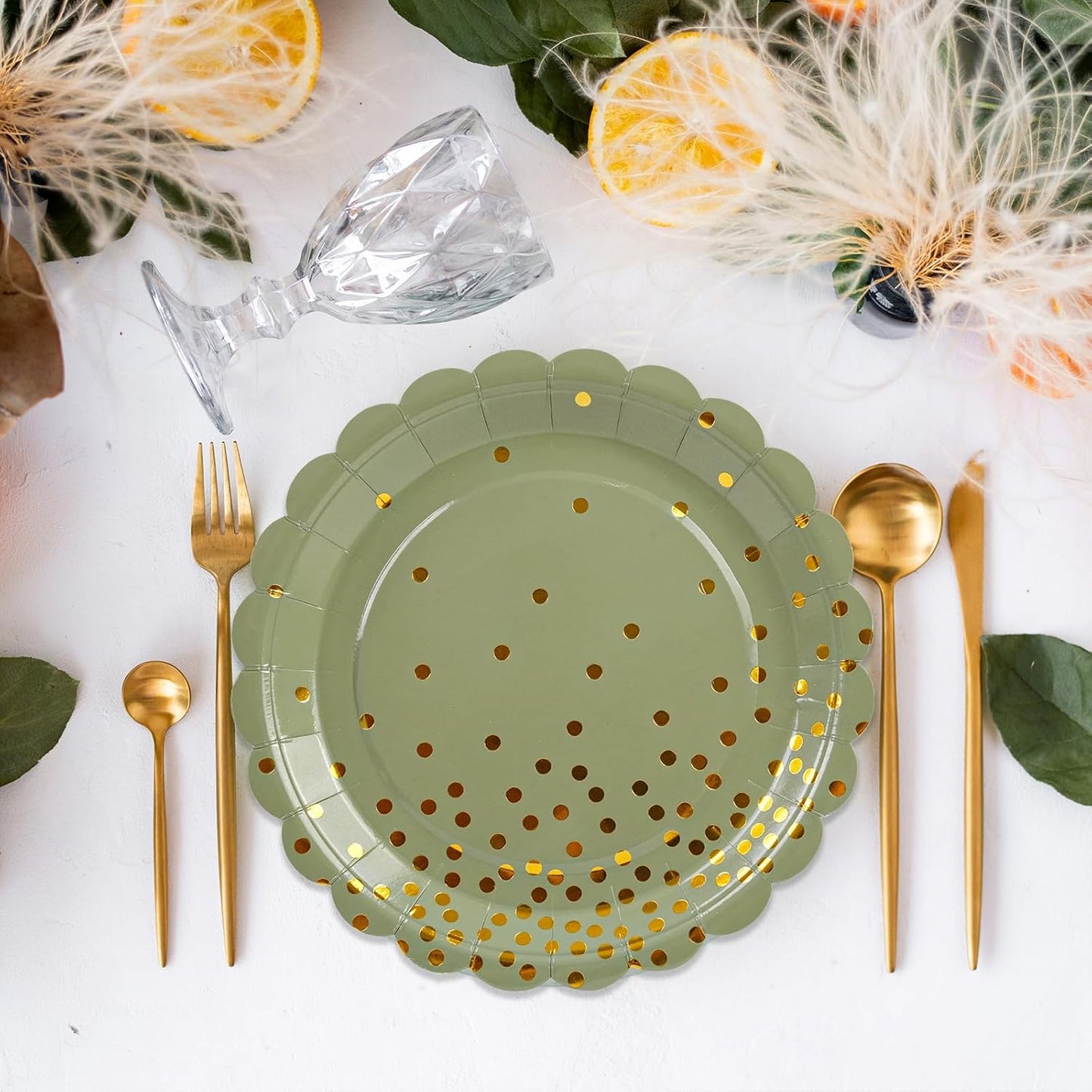 50PCS Sage Green Paper Plates, 7 Inch Scalloped Green and Gold Party Plates Disposable Foil Polka Dots Dessert Plate Cake Plate for Birthday, Baby Shower, Wedding, Bridal Shower St Patricks