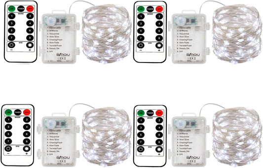 4 x Fairy Lights Battery Operated, Silver Wire Chains 8 Mode 5M 50 LEDs Timer String Lights with Remote Control for Bedroom Christmas Party Wedding Decoration