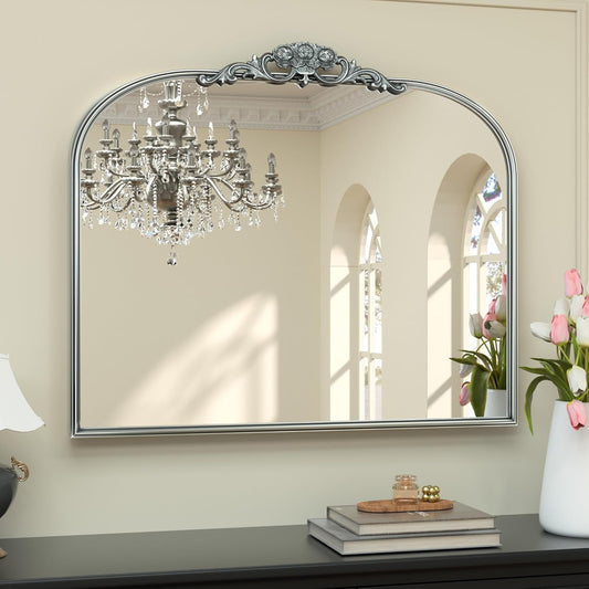 Keonjinn Vintage Mirror for Wall, 36" x 30" Silver Antique Mirrors with Metal Frame, Baroque Style Decoration for Mantle, Bathroom, Living Room, Fireplace, Bedroom, French Cleat Mounting