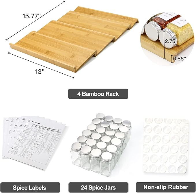 Spice Drawer Organizer with 24 Spice Jars and 216 Labels,Non-slip Rubber, Bamboo 4 Tier Spice Racks Tray Seasoning Containers for Kitchen Drawers,Cabinets,Countertops,13" Wide * 15.8" Deep