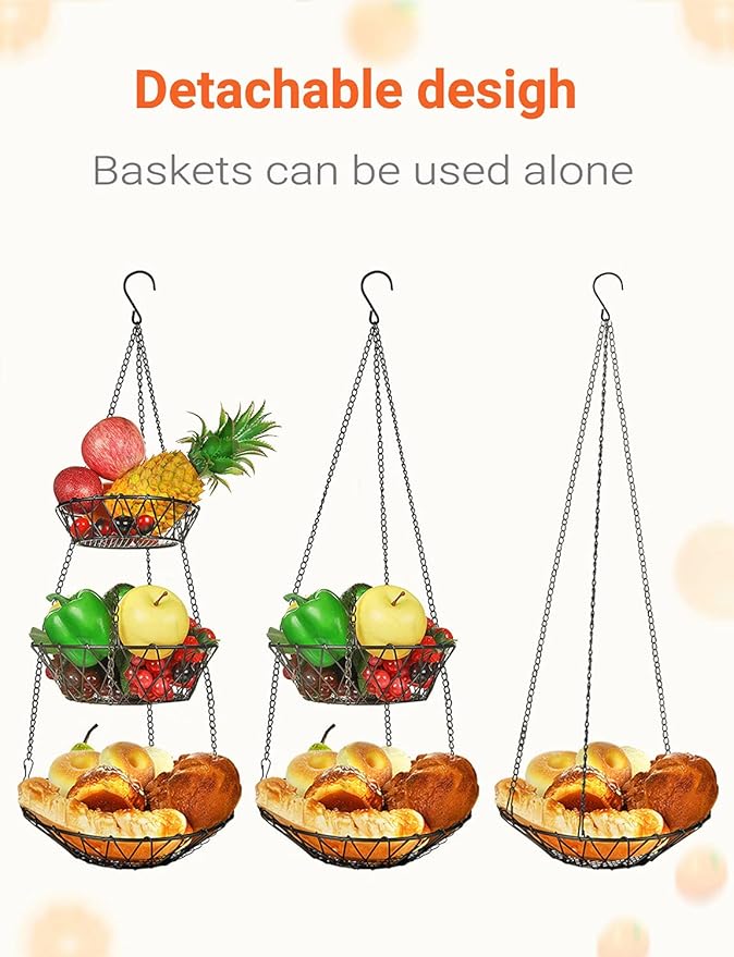 3 Tier Hanging Basket with Sturdy Metal Chain Hanging Hooks Fruit and Vegetable Basket Heavy Duty Wire Organizer Space Saving Rustic Country Style Kitchen Storage