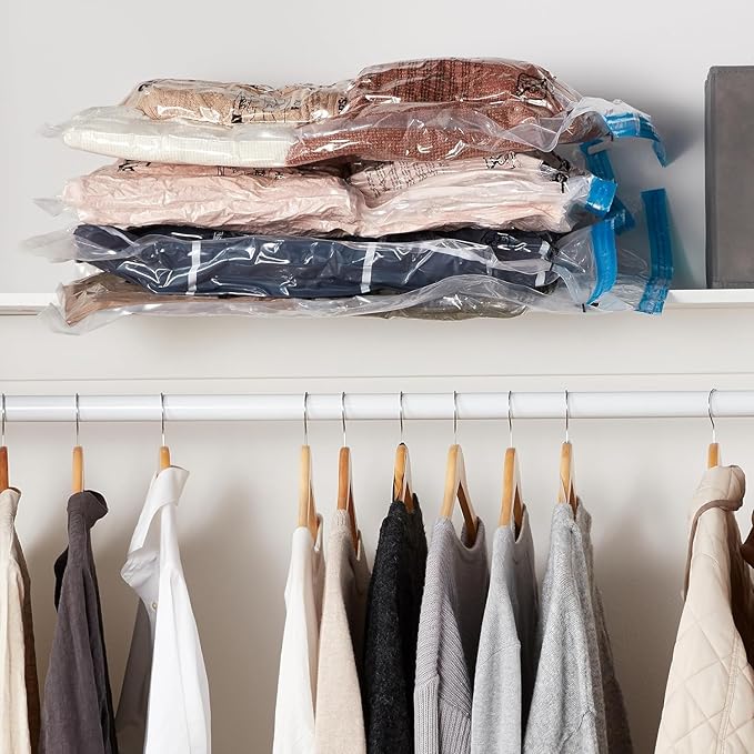 Amazon Basics Vacuum Compression Space Saving Storage Bags with Hand Pump for Clothes Packing, Jumbo, Clear, Pack of 6