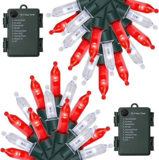 WATERGLIDE 2 Pack 50 LED Outdoor Christmas Lights, 16FT Battery Operated Mini String Lights with 8 Modes & Timer, Xmas Tree Lights Waterproof for Patio Garden Party Wedding Holiday Decor, Red & White