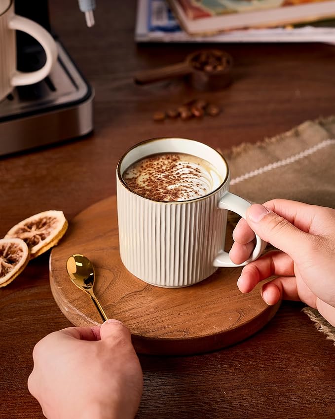 famiware Coffee Mug Set for 6, Star 12 oz Catering Mugs Cup Set with Handle for Coffee, Tea, Cocoa, Milk - Ceramic Stoneware Drinkware Set, White