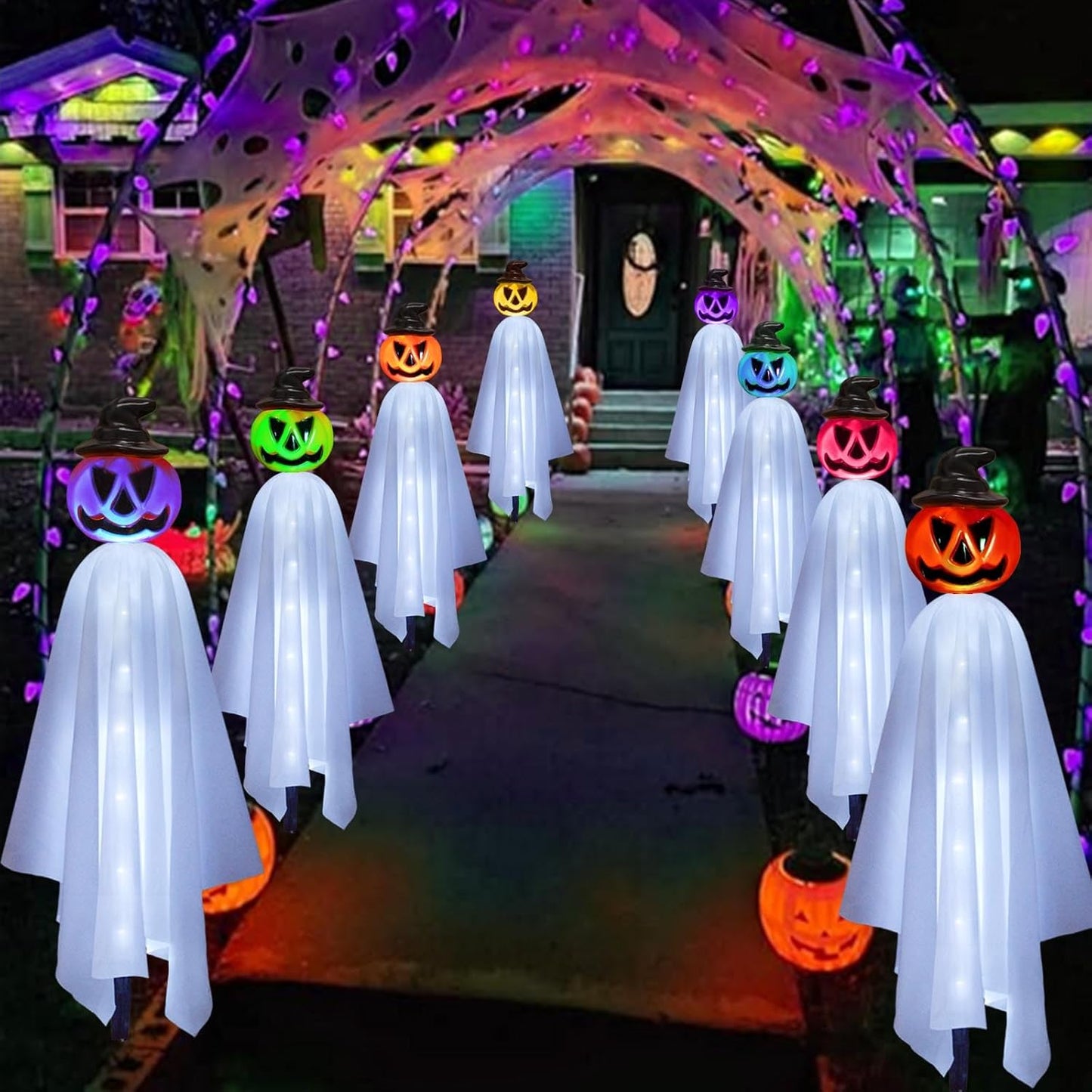 Upgraded Pumpkin Ghosts Halloween Decorations Outdoor, 4 Pack Waterproof Solar Ghosts Garden Stake Lights for Front Yard Patio Lawn Pathway Halloween Party Decorations