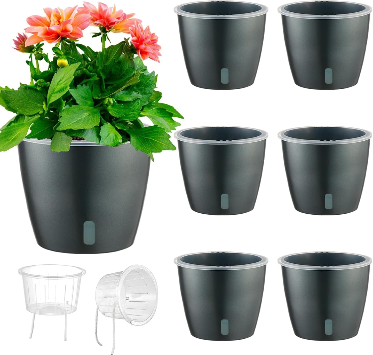 Self Watering Pots for Indoor Plants, 6-Pack 6.7'' Self Watering Planter with Drainage Holes, Small African Violet Pots with Water Indicator, Clear Wick Orchid Pot, Grey