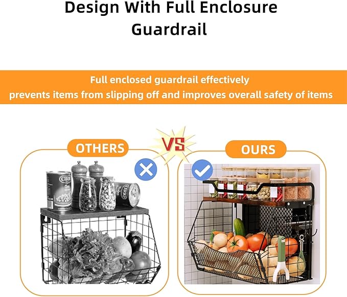 Magnetic Shelf for Fridge with Wood Lid, Magnetic Spice Rack for Refrigerator Large Capacity Sturdy with 4 Hooks,Magnetic Basket for Kitchen Pantry Laundry (1 Set with Buckles)