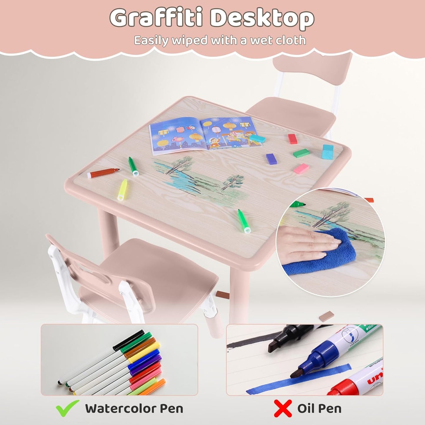 Kids Table and 2 Chairs Set, Height Adjustable (17.7"-26.1") Toddler Table and Chair Set, Multi-Activity Table with Graffiti Desktop, Children’s Table and Chairs for Classroom, Home & Daycare