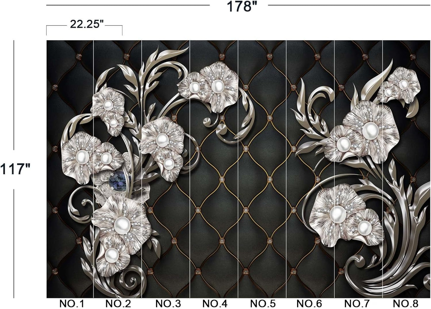 Black Hard Wrapped Pearl Embossed Flowers Wall Mural Wallpaper for Bedroom 178" x 117"