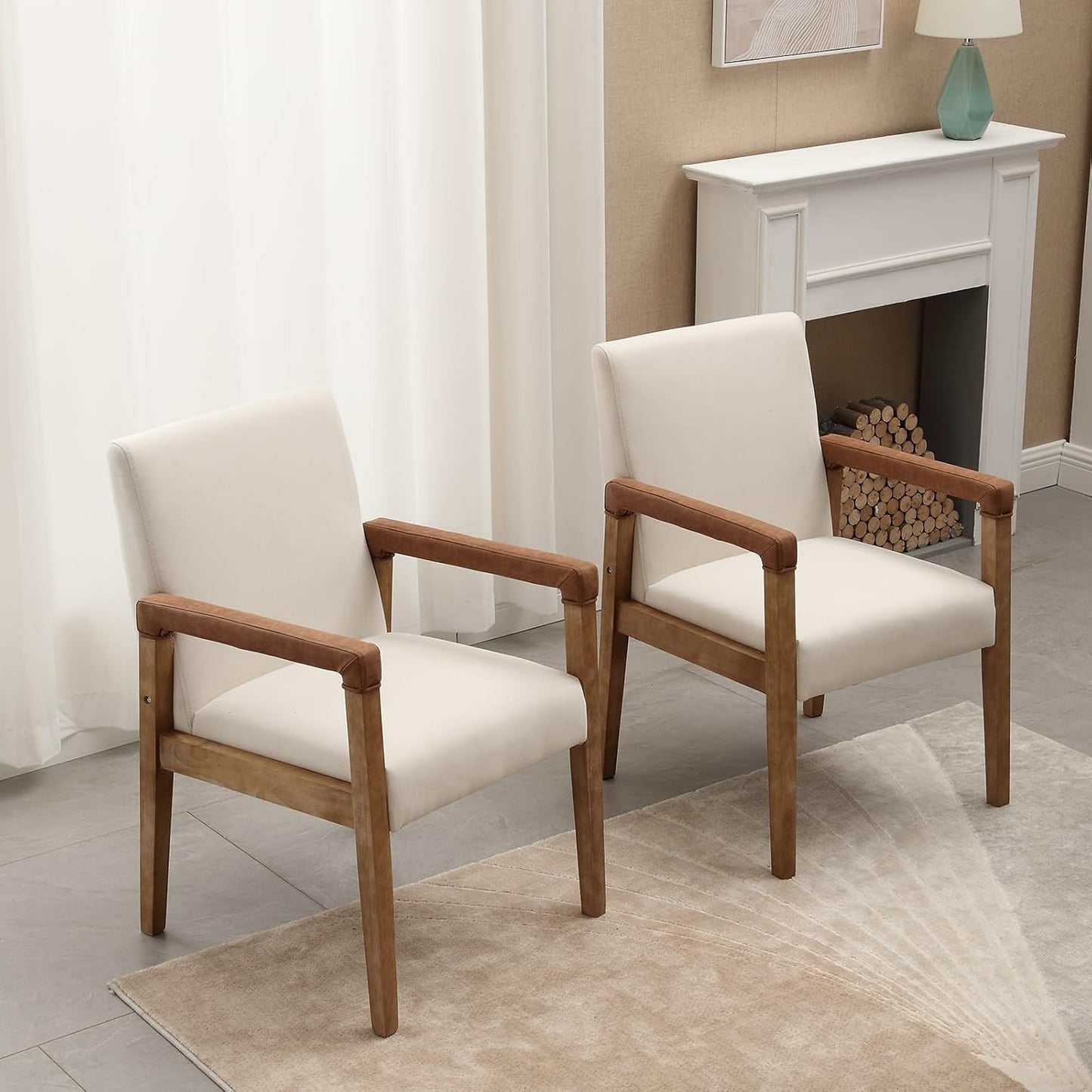 Kmax Modern Dining Chairs Set of 6 Linen Fabric Kitchen Arm Chairs Upholstered Accent Chairs with Wooden Legs for Dining Room, Living Room, Bedroom, White