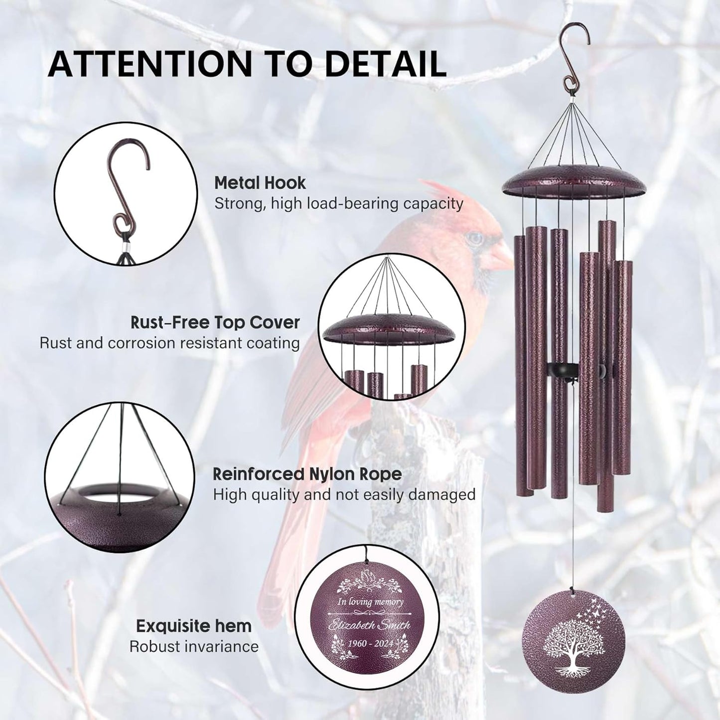 ASTARIN Memorial Wind Chimes Personalized, Bereavement Condolence Gifts for Loss of Mother Husband Wife, Customized Wind Chimes for Outside Deep Tone(Produced in USA)