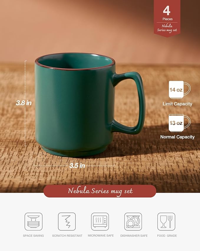 famiware Coffee Mugs Set of 4, Nebula 14oz Coffee Mugs, Ceramic Cup Set with Handle for Latte, Tea, Milk, Cappuccino, Cocoa, Dark Green