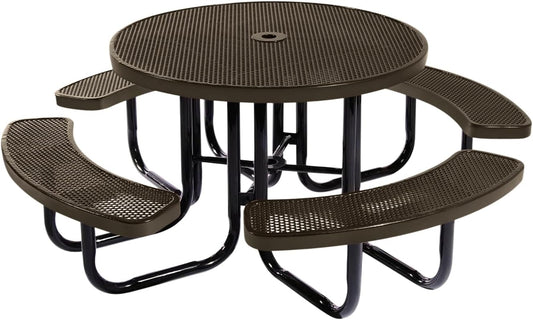 Coated Outdoor Furniture Heavy-Duty Portable Outdoor Picnic Table with Umbrella Hole, Punched Steel Commercial-Grade Patio Dining Furniture Made in America (46" Round Top, Textured Brown)