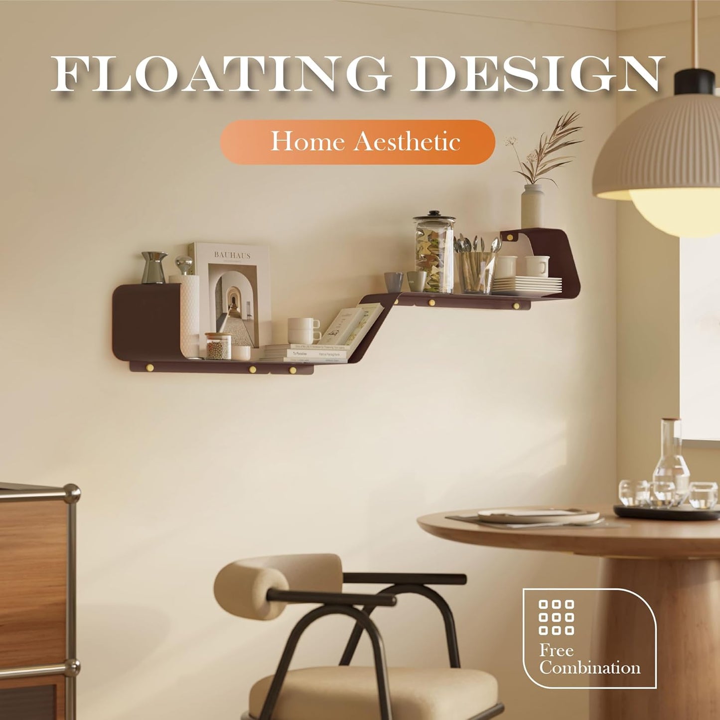 Floating Shelves, Wall Shelf, Set of 3 Wall Mounted Metal Shelves with Unique Design for Wall Storage, Book Shelf, Display Shelves for Bathroom Bedroom Kitchen Living Room for Home Brown