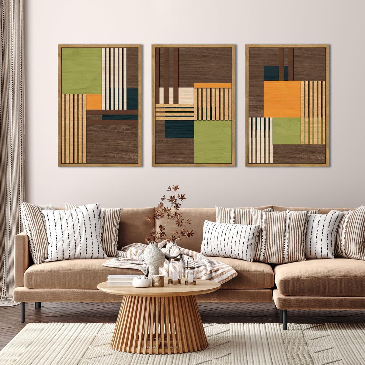 Large Modern Abstract Wall Art Set Minimalist Line Wood Wall Decor Neutral Brown Art Decor Colorful Geometric Wooden Wall Sculptures for Living Room Bedroom Office-16x24Inchx3