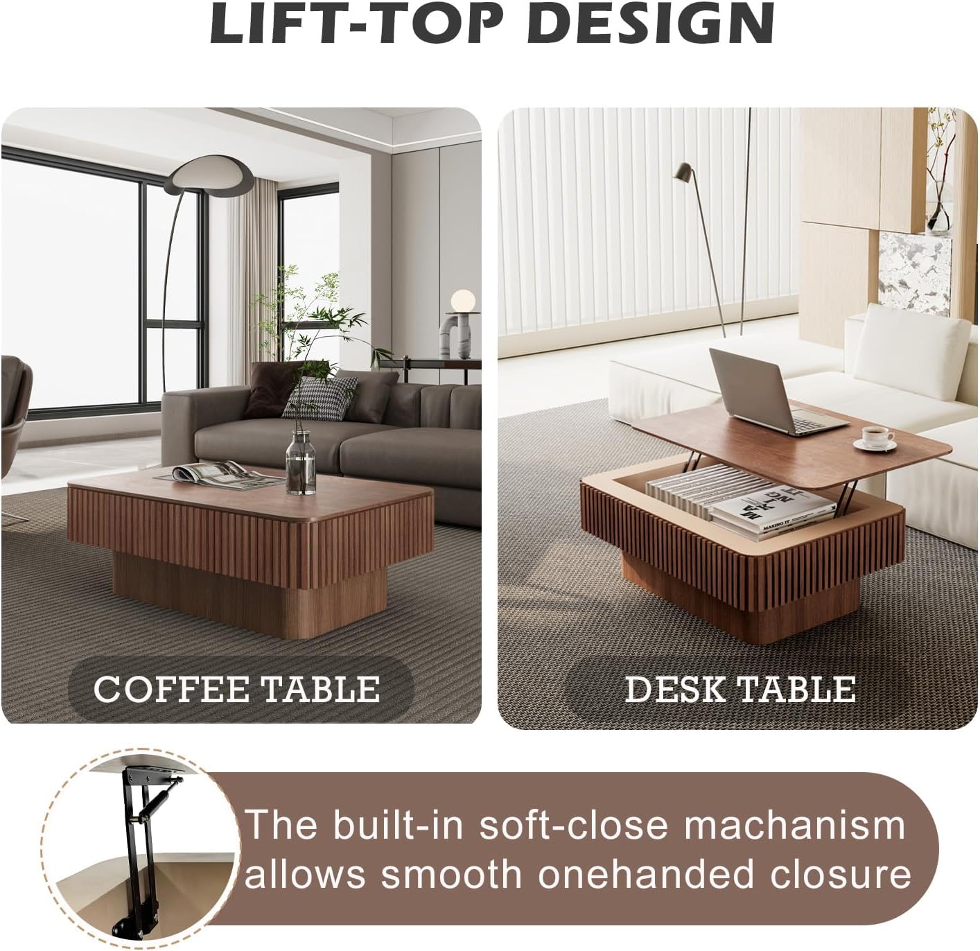 Lift Coffee Table with Storage & Adjustable Height, Solid Wood Coffee Table Fluted Center Table Accent Tea Table or Living Room, Apartment, Office (38.6" Walnut)