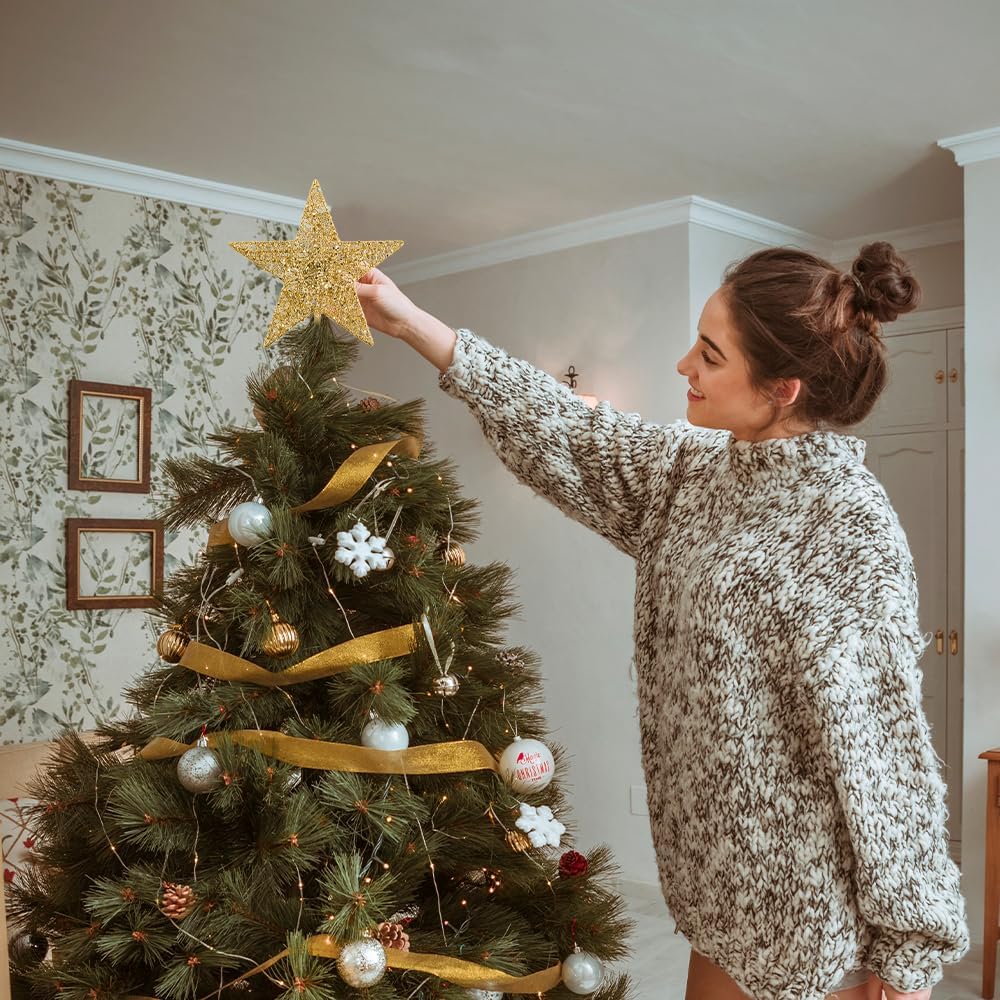 Christmas Tree Topper, hogardeck Gold 5-Pointed Star Tree Topper for Christmas Decor, Tree Toppers for Christmas Tree Decorations for Indoor Home