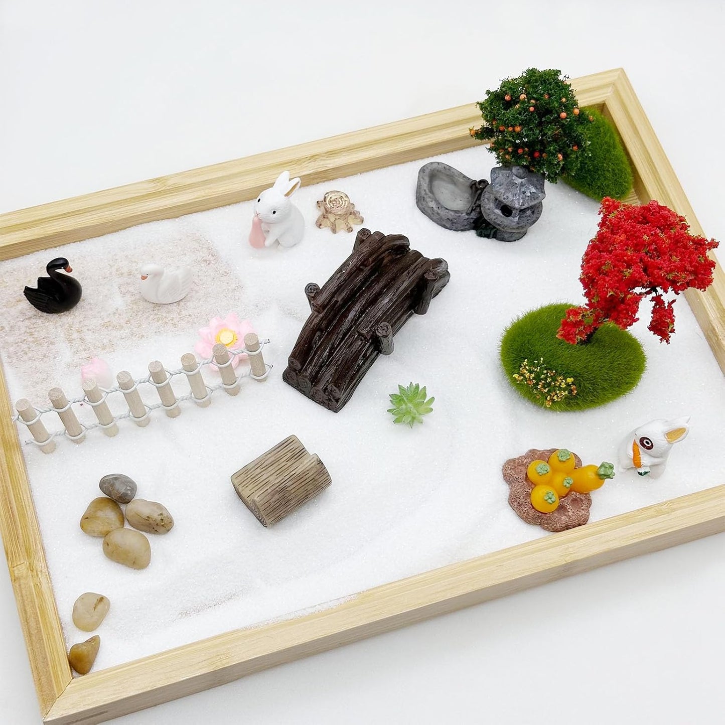 Cayway Mini Zen Sand Garden Kit - Patio Sandbox Decorations Zen Decor With White Sand, Model Trees, Mini Fences, Chairs for Home Office Desktop Decor