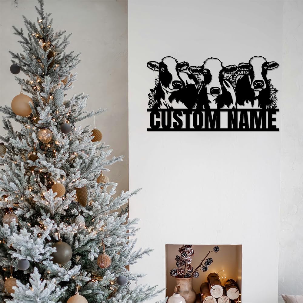 Custom Metal Sign, Personalized Last Name Wall Art, Farm Customized Metal Wall Decor for Wedding, Cow Plaque Decor for Farmhouse Living Room Indoor/Outdoor Wall Hanging