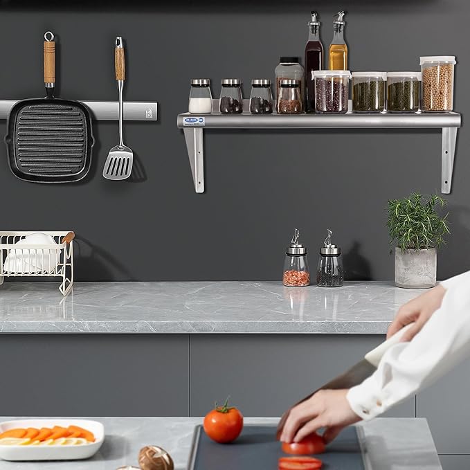 HARDURA Stainless Steel Shelf 14" x 48", 310lb Commercial Shelves Wall Mount Metal Shelving with Backsplash and Brackets for Kitchen, Restaurant, Laundry Room and Home