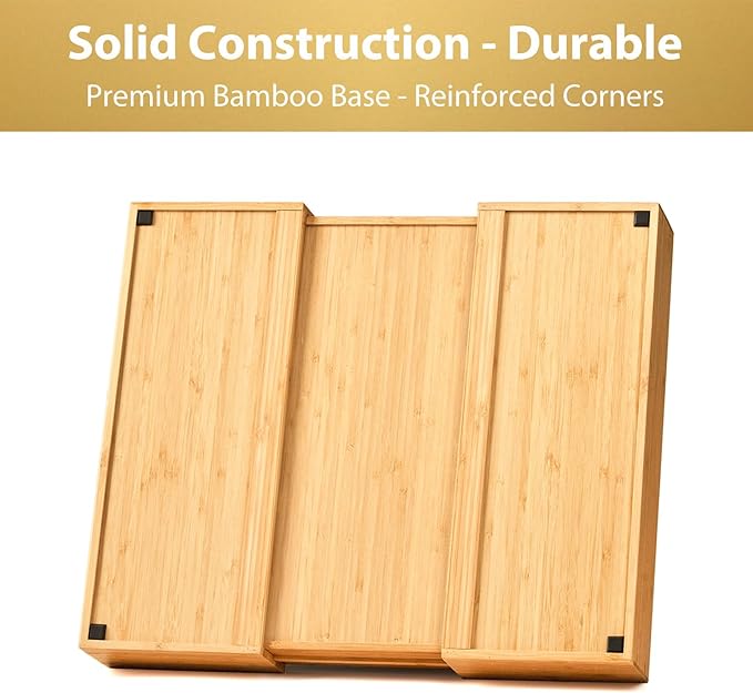 Umilife Large Expandable Kitchen Silverware Utensils Drawer Organizer, 2.5" Extra High Adjustable Drawer Divider with Curved Grooves, Bamboo Wood Cutlery Tray Flatware Holder