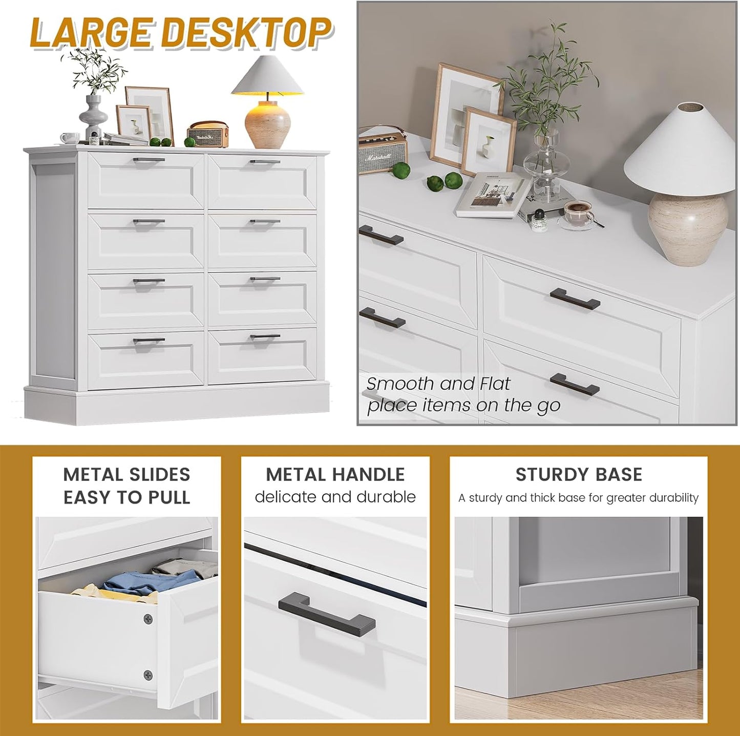 Odeekea White Dresser for Bedroom, Wood Dresser with 8 Drawers, Chest of Drawer for Bedroom Living Room Entryway Hallway, Modern Farmhouse Style