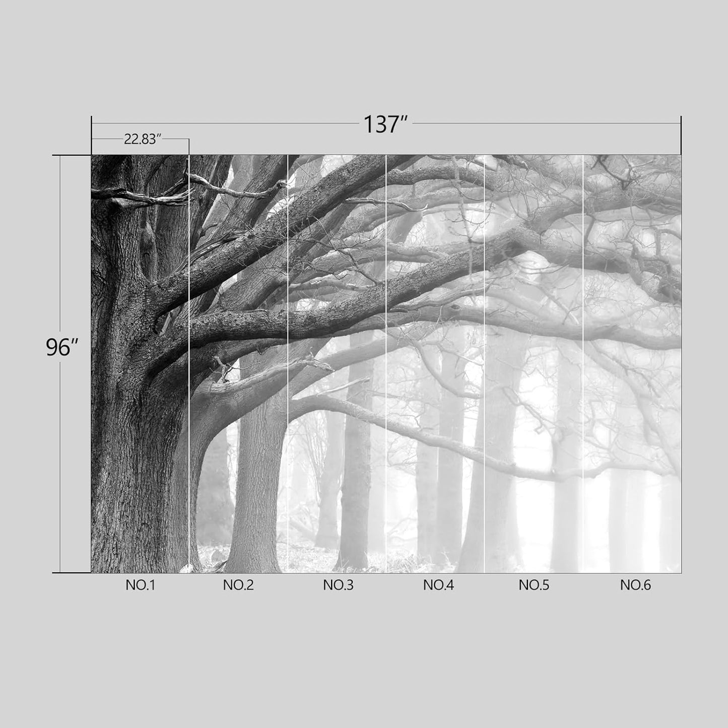 Grey Forest Big Tree Wallpaper Woodland Peel and Stick Wall Mural for Bedroom Living Room - 96"x137"