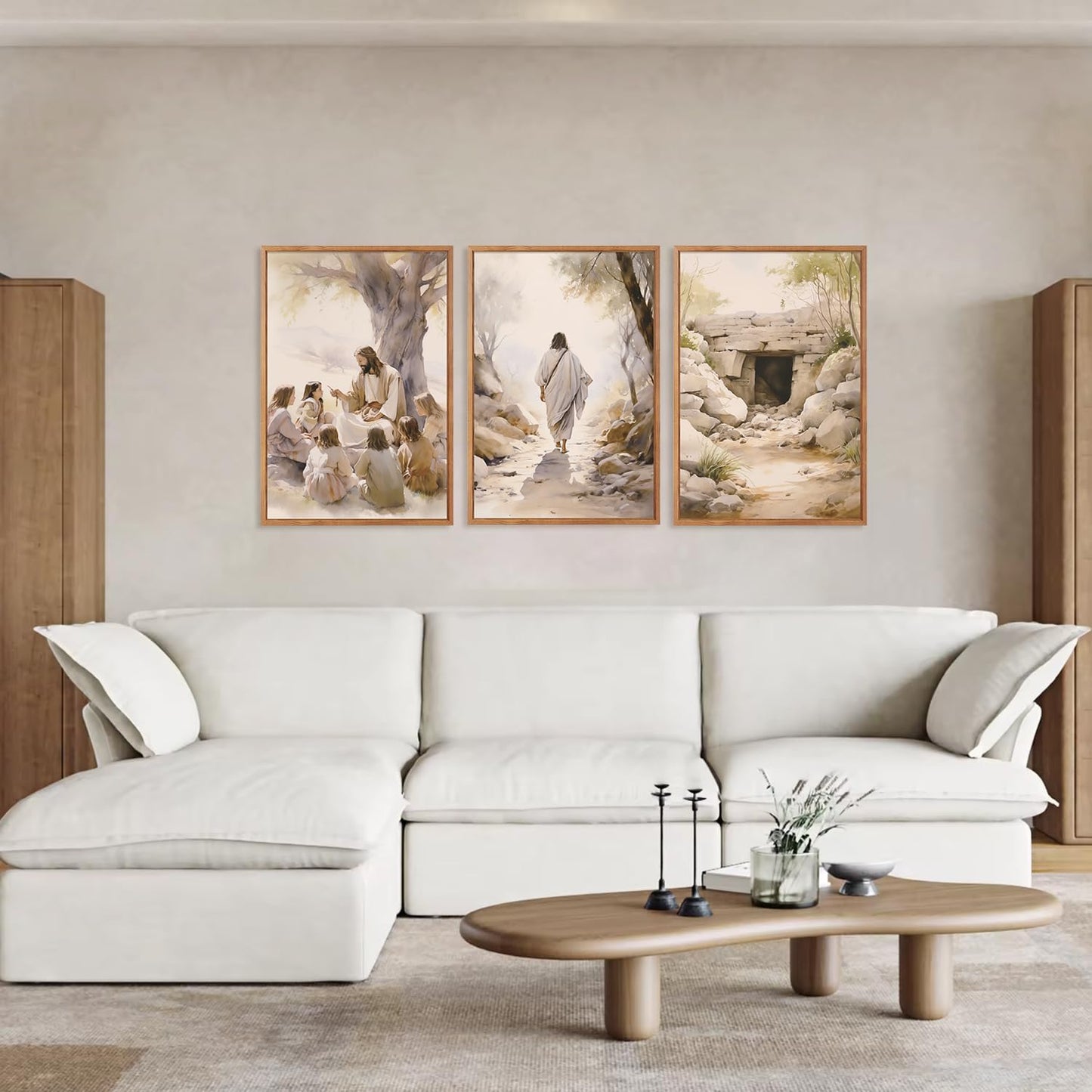 Aurlan Jesus Teaching Children Jesus on Path Framed Empty Tomb Bible Stories Wall Art(16"x24"), 3PCS Boho Christian Easter Scripture Gifts Canvas Artwork, Large Spiritual Religious Faith Decor Prints for Office Home