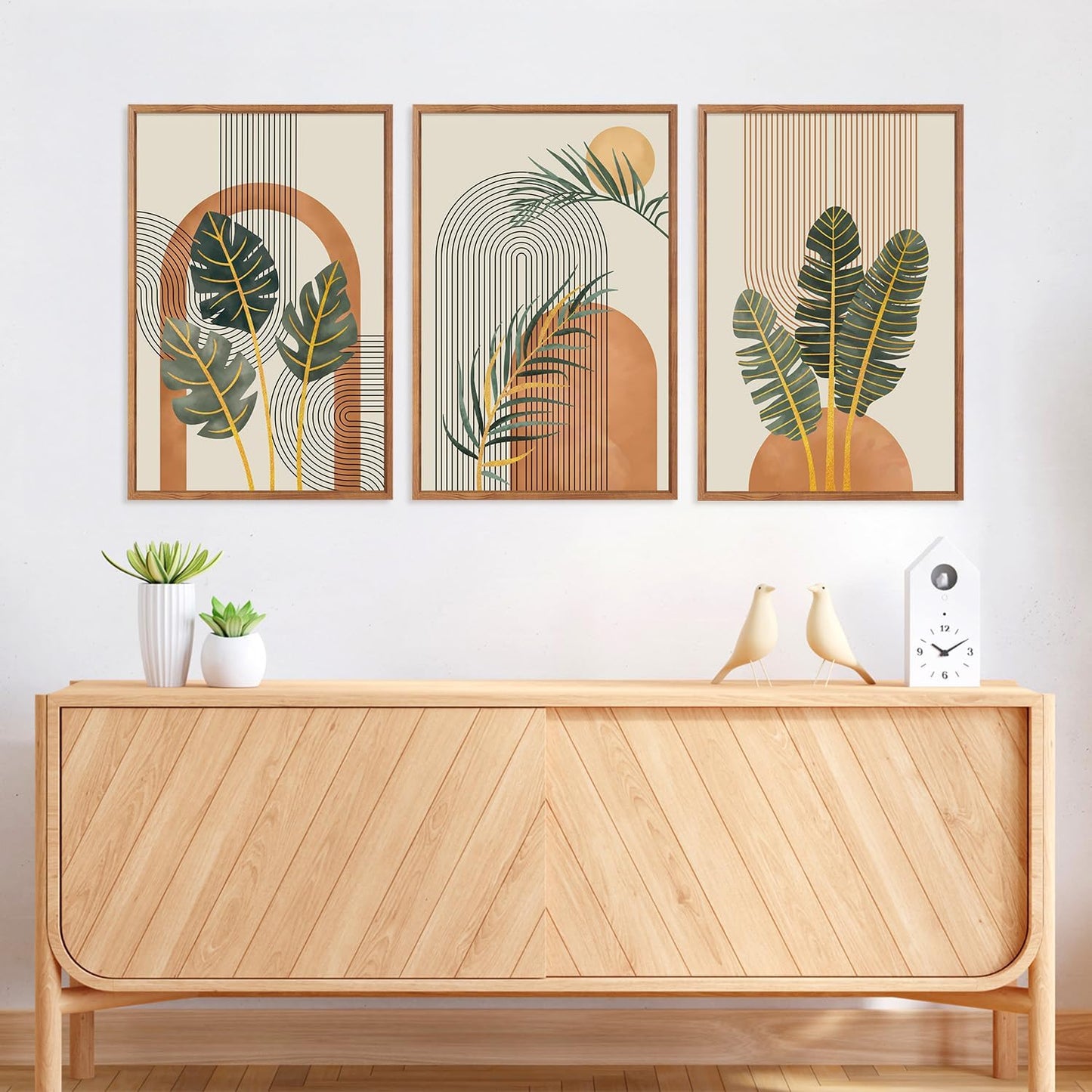 KAIRNE Boho Canvas Wall Art,Tropical Palm Leaf Wall Decor,Mid-Century Geometric Illustrations Set of 3(16”X24”),Abstract Line Pictures,Modern Botanical Prints for Living Room Bedroom Dining Room Decor
