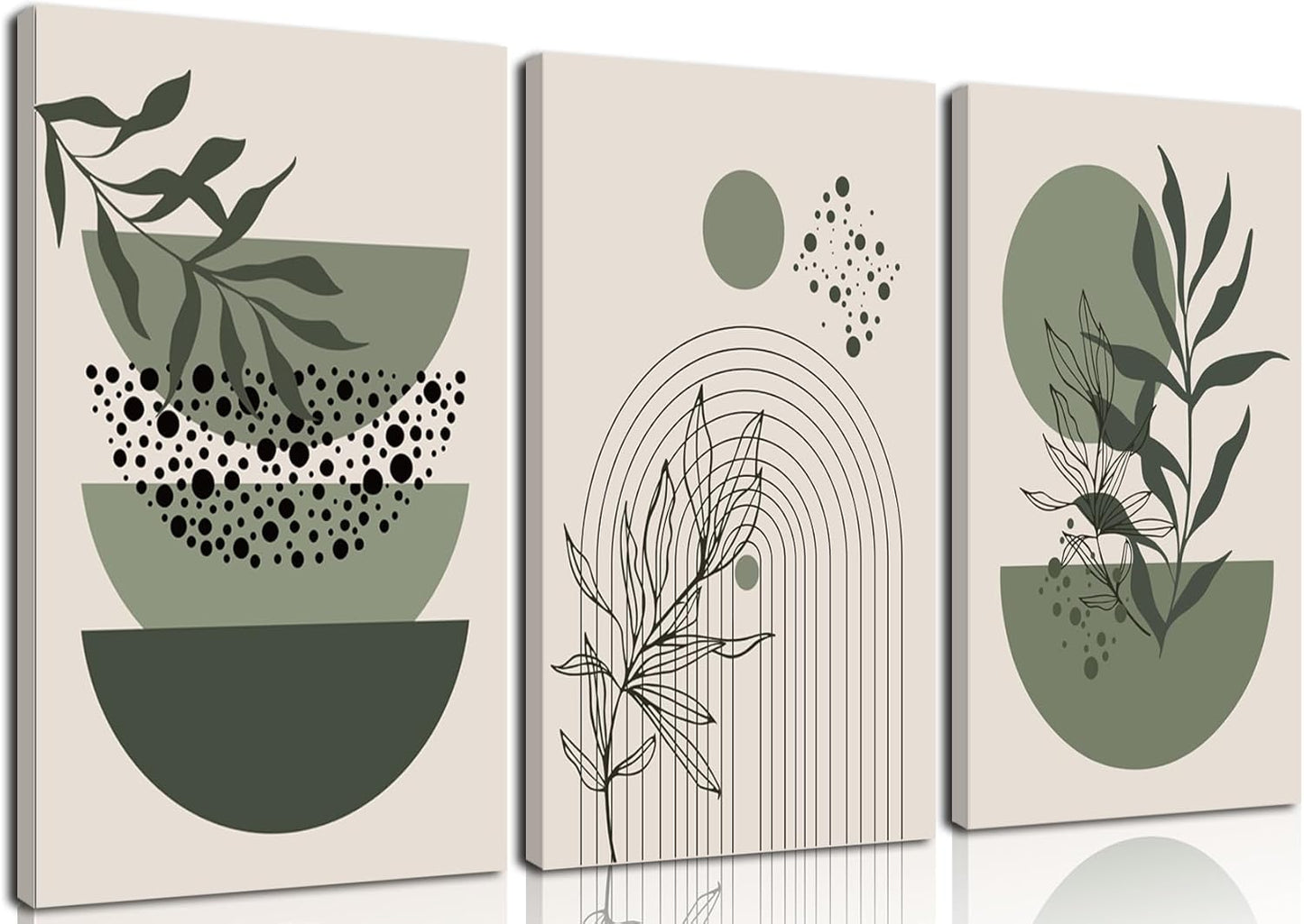 Sage Green Boho Wall Art Set of 3 Abstract Minimalist Geometric Line Poster Green Botanical Leaf Canvas Prints Modern Artwork Painting Decor for Living Room Bedroom Office 16x24 in Framed