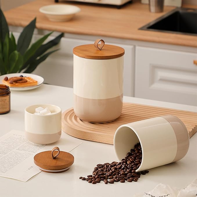 Coffee Canister, Ceramic Food Storage Jars with Lids Salt Matcha Container Brown Sugar Container Bowl for Kitchen Tea, Coffee Beans, Spice (#001Khaki-27oz/800ml)