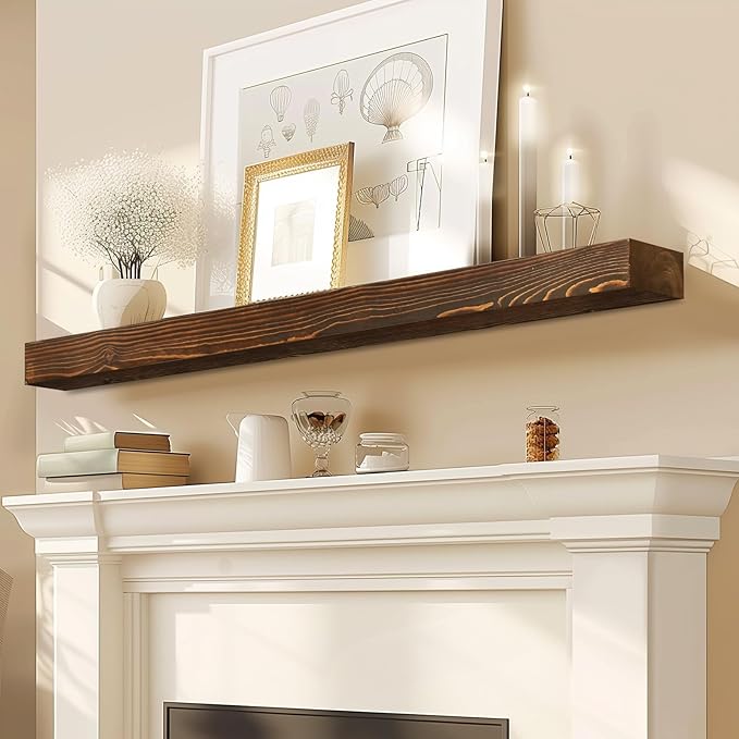 48x8x3 Fireplace Mantel - Solid Rustic Wood - Wall Mounted Floating Shelf with Invisible Heavy Duty Steel Bracket (Weathered Brown)