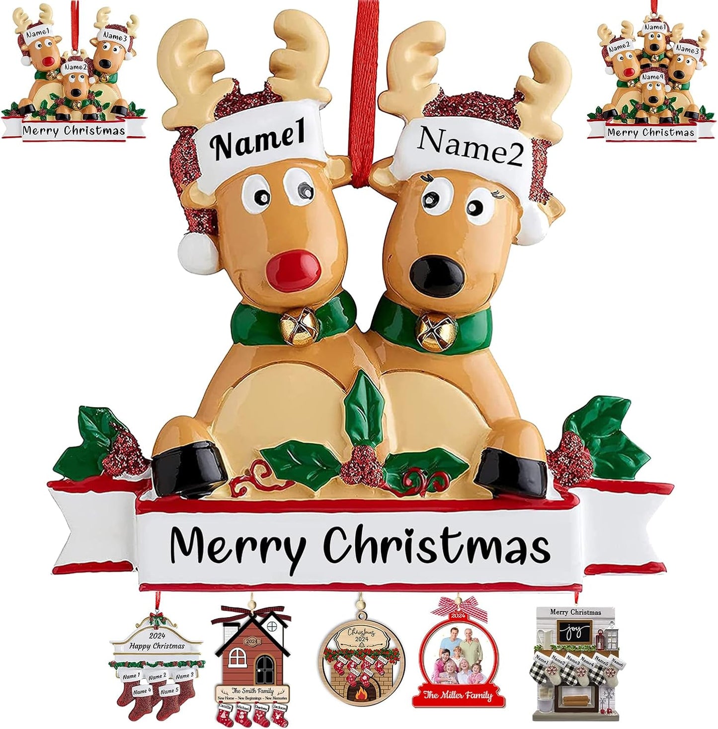 Personalized Deer Christmas Ornaments with Names of 2/3/4/5/6/7/8 Custom Reindeer Family Ornament Customized Xmas Tree Hanging Ceramic Decoration Gift