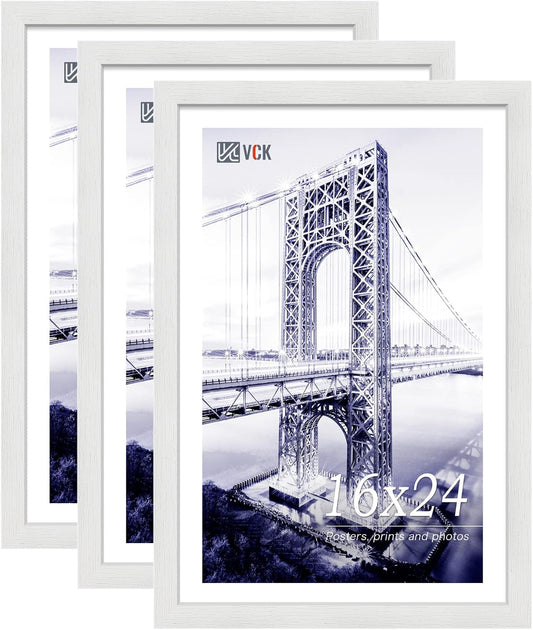 VCK 16x24 Poster Frames Set of 3, White Solid Wood Picture Frame, Textured Exclusive Wall Gallery Frame