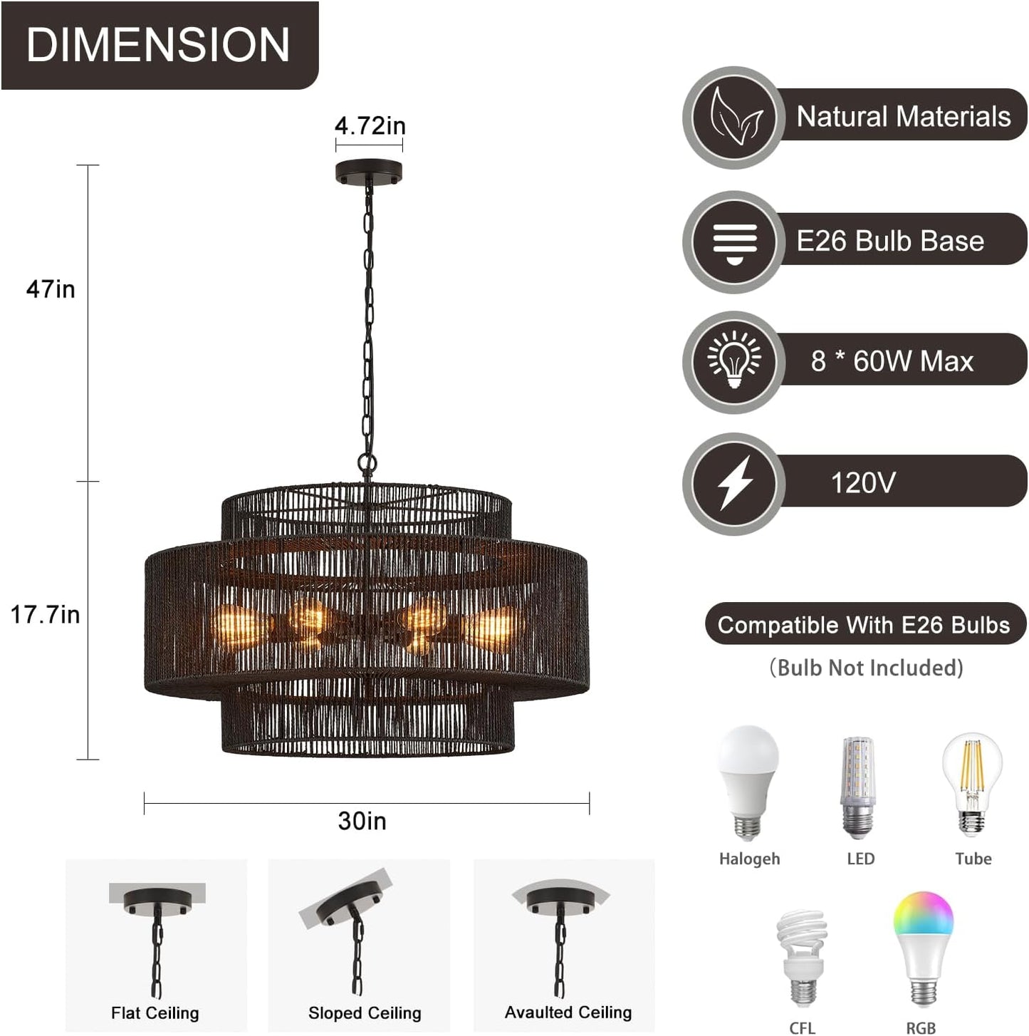 30" Large Hand-Woven Rattan 8-Light Farmhouse Boho Bamboo Chandeliers Light Fixture Retro 3-Tier Drum Wicker Rattan Black Chandelier for Dining Room, Kitchen Island, Bedroom