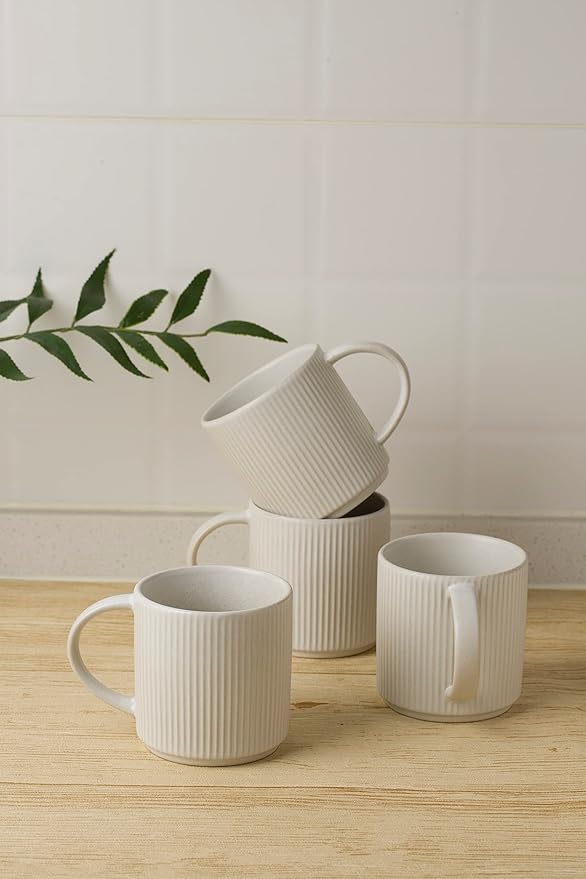 famiware Coffee Mug Set for 6, Star 12 oz Catering Mugs Cup Set with Handle for Coffee, Tea, Cocoa, Milk - Ceramic Stoneware Drinkware Set, Matte White