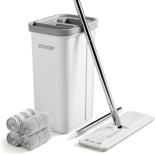 JOYMOOP Mop and Bucket with Wringer Set, Hands Free Flat Floor Mop and Bucket, 60" Mop with 4 Reusable Microfiber Pads, Wet and Dry Use, Floor Cleaning System
