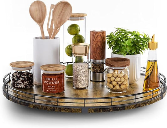 Lazy Susan Turntable Organizer for Table Top, 18’’ Round Wooden Lazy Susan for Cabinet Kitchen Countertop Pantry Dining Coffee Table for Condiments Spices, Rustic Bathroom Vanity Tray for Soap Candle