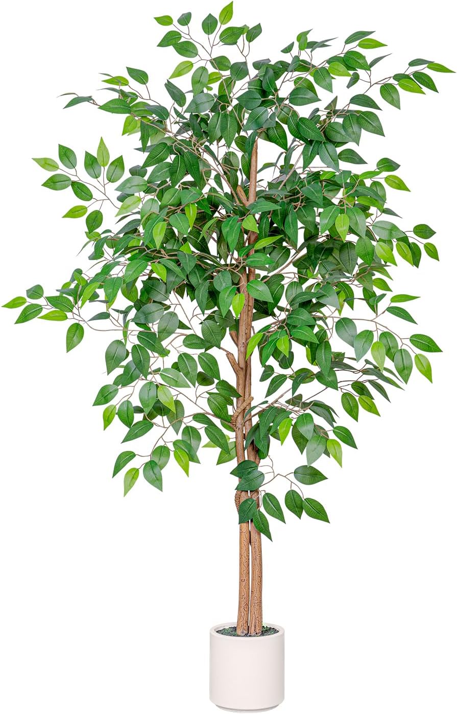 5FT Artificial Ficus Tree with White Planter, Realistic Faux Silk Indoor Outdoor Plant for Home Office Living Room, Porch, Garden Decor