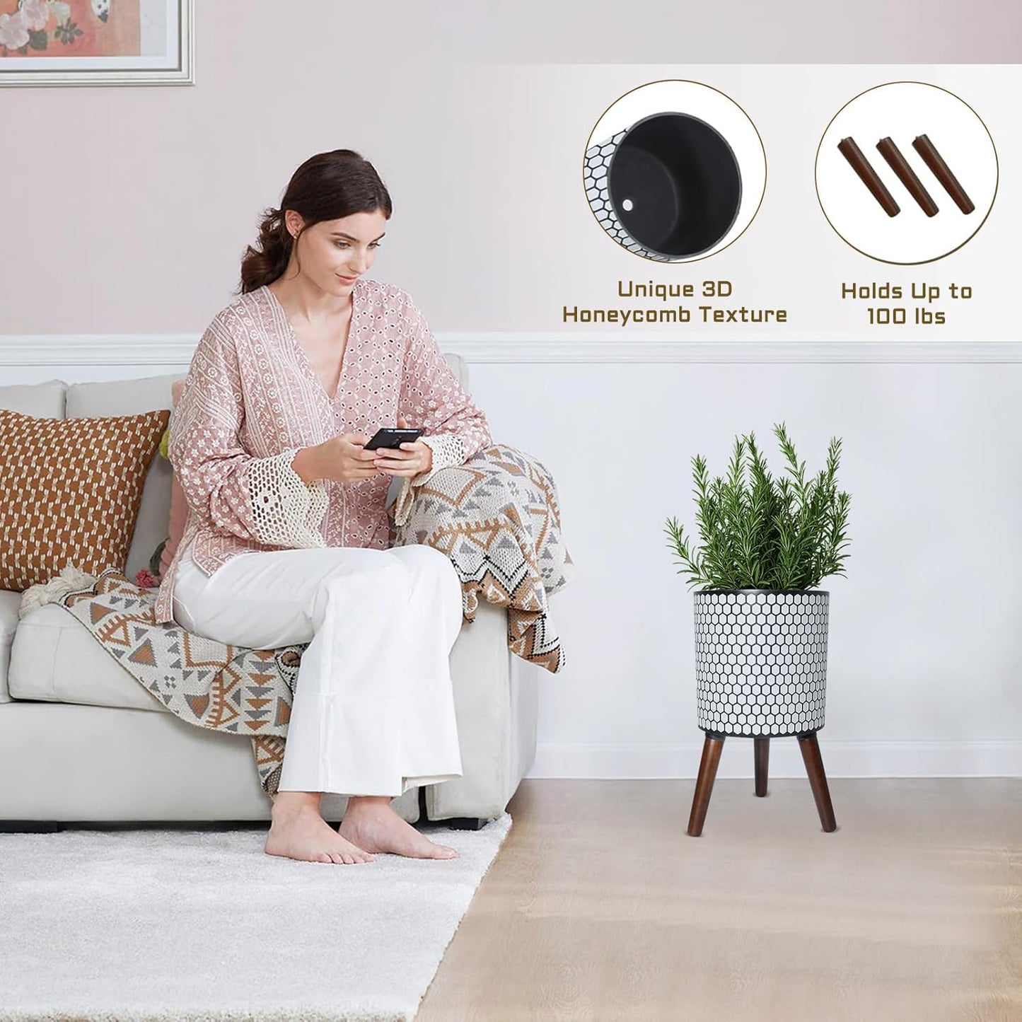 Flower Pot with Legs Tall Flower Pot with Drainage Holes for Indoor and Outdoor Decorative Planting (White Black Honeycomb, 10 Inches)