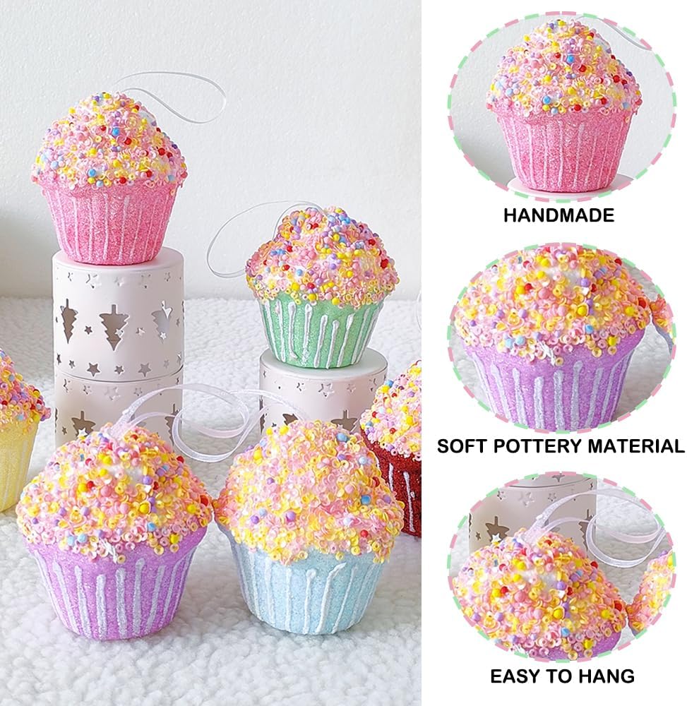 Cupcake Party Decorations Ornaments,6pcs Hanging Christmas Tree Candy Ornaments, Macaron Color Mini Dessert Cupcake Pendant Set for Xmas New Year Birthday Home Party Supplies (Cake)