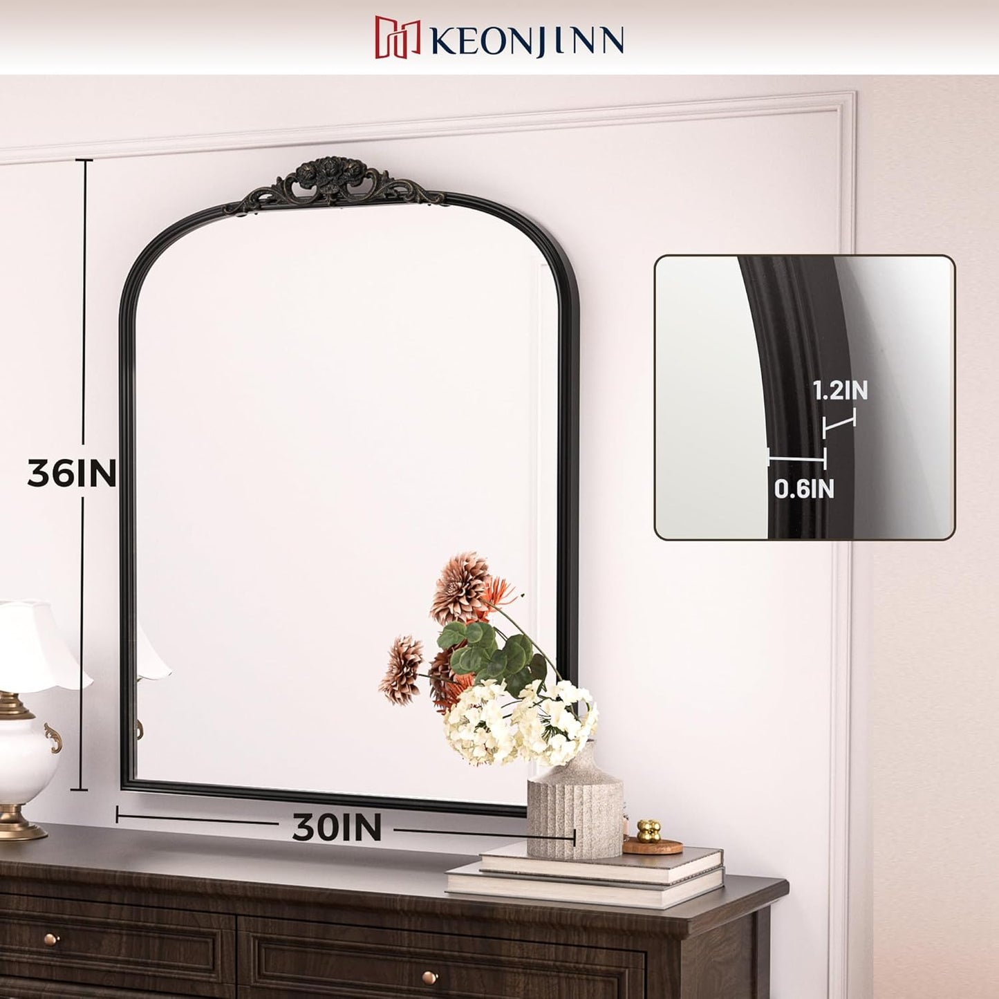 Keonjinn Vintage Arched Wall Mirror 30" x 36", Black Antique Mirrors with Metal Frame, Ornate Baroque Decoration for Mantle, Bathroom, Living Room, Fireplace, French Cleat Mounting