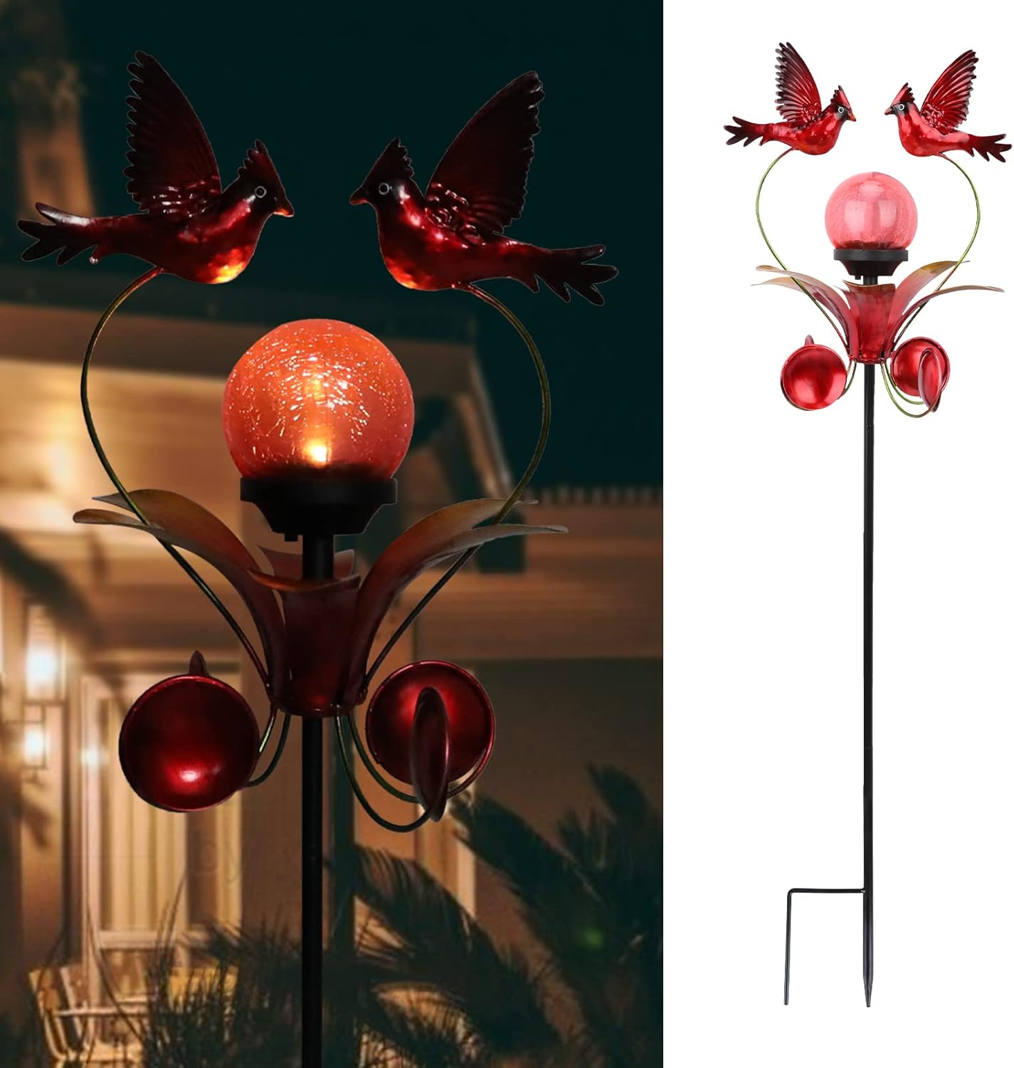 VCUTEKA Cardinal Solar Lights Outdoor Metal Garden Stake Waterproof Crackle Glass Globe Garden Decor Cardinal for Pathway, Lawn, Patio, Yard