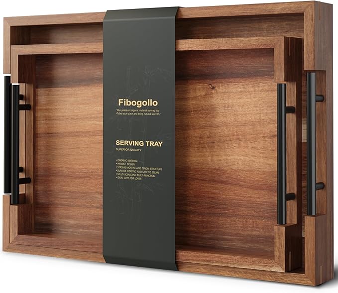 Acacia Wood Set of 2 Serving Tray with Metal Handles,Ottoman Decorative Trays Platter for Coffee Table,Living Room,Bar,Party