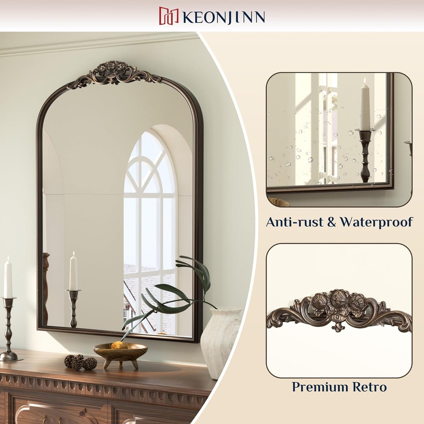 Keonjinn Vintage Mirror for Wall, 24" x 36" Bronze Antique Mirrors with Metal Frame, Baroque Style Decoration for Mantle, Bathroom, Living Room, Fireplace, Bedroom, French Cleat Mounting