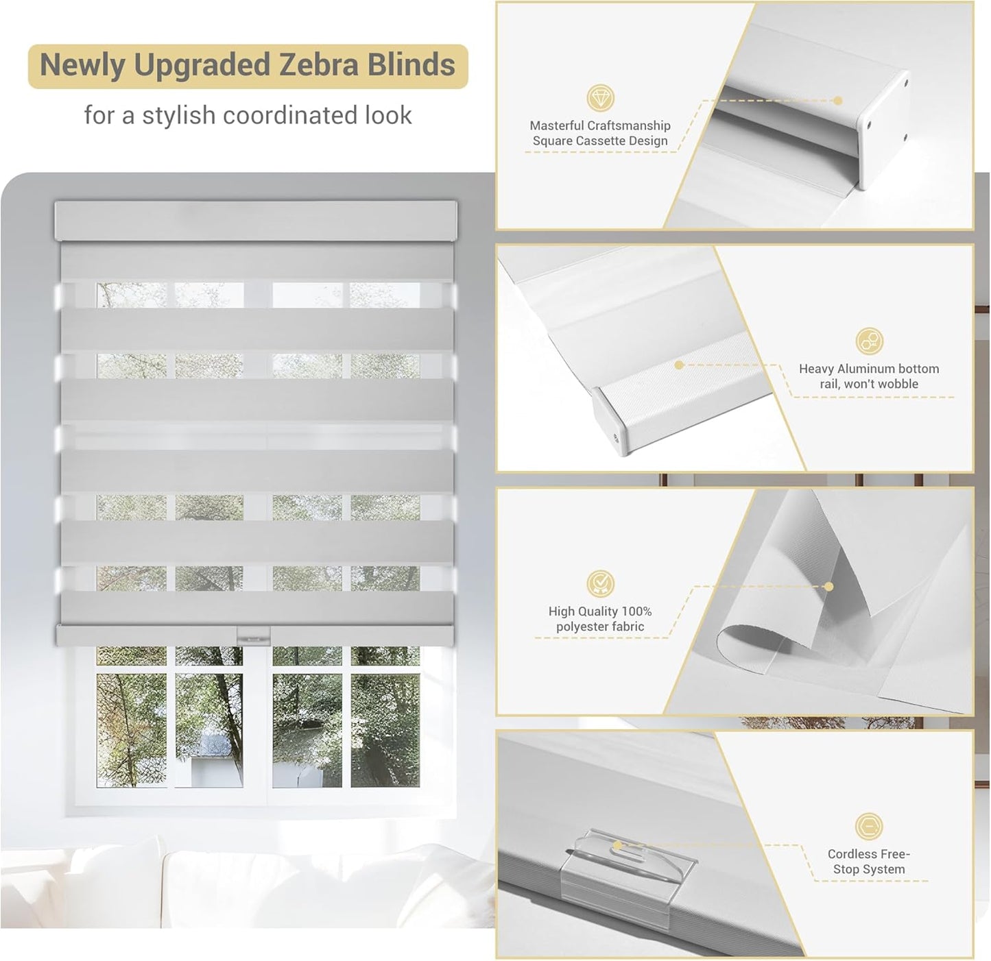 Cordless Zebra Blinds for Windows, Blackout Interior Blinds,Easy to Install,UV Protection,for Offices and Home,Custom Roller Shades, Solid White, 38" W x 88" H